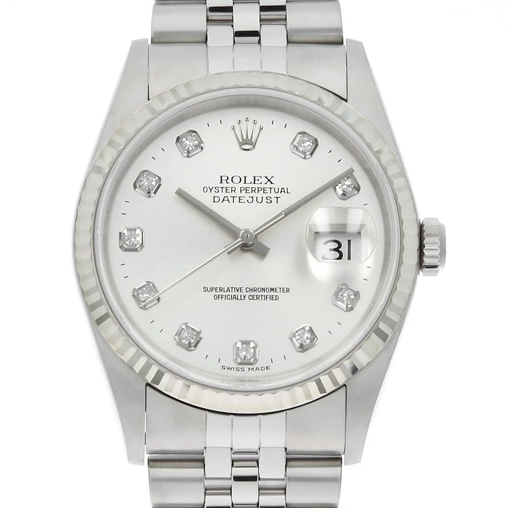 ROLEX DATEJUST DIAMOND SILVER WATCH: ROLEx Datejust Diamond Silver Watch Brand: ROLEx Type/Style: Wrist watch Material: Band Material Stainless Steel, Case Material Stainless Steel/White gold Color: Dial Color Silver Size: Case:W36mm Cir