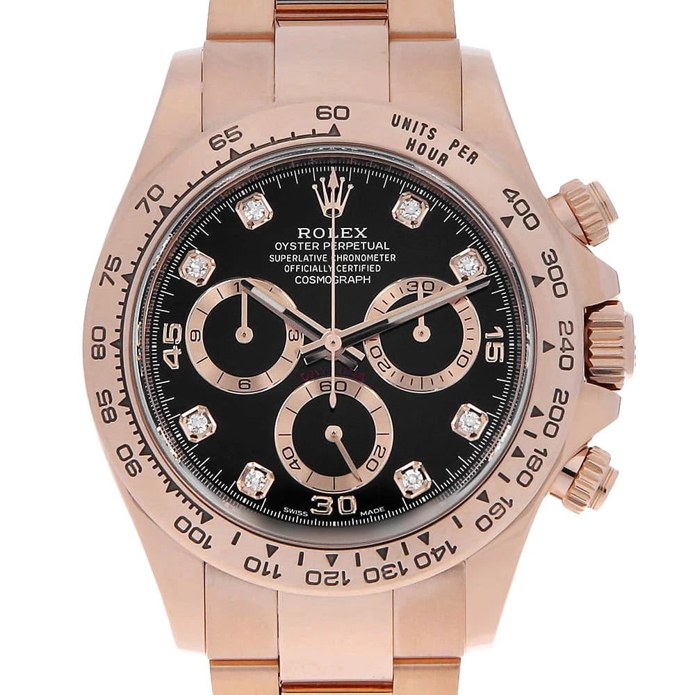 ROLEX COSMOGRAPH DAYTONA DIAMOND BLACK WATCH: ROLEx Cosmograph Daytona diamond black Watch Brand: ROLEx Type/Style: Wrist watch Material: Band Material Everose Gold, Case Material Everose Gold Color: Dial Color Black Size: Case:WCircumference of