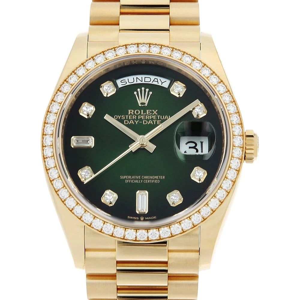 ROLEX DATE BEZEL DIAMOND WATCH GREEN WATCH: ROLEx Date Bezel Diamond watch Green Watch Brand: ROLEx Type/Style: Wrist watch Material: Band Material Yellow Gold, Case Material Yellow Gold Color: Dial Color Green Size: Case:W36mm Circumference of