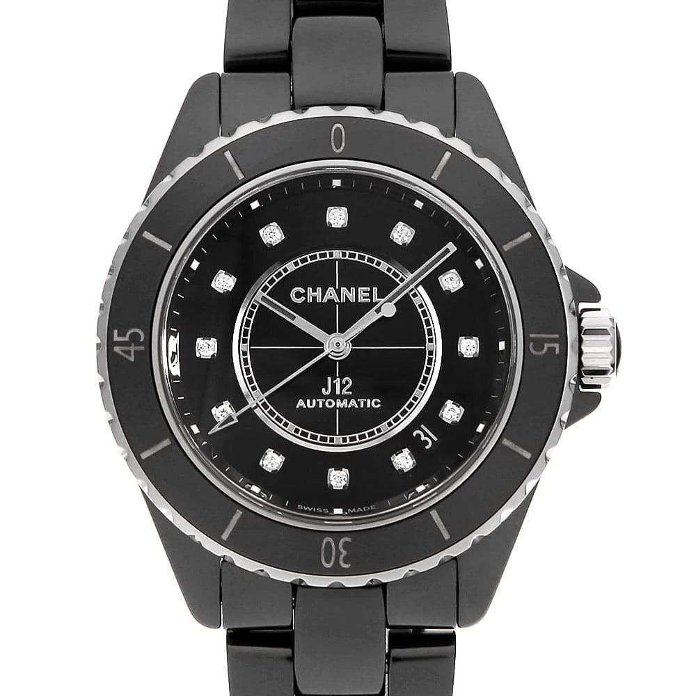 CHANEL J12 BLACK CERAMIC DIAMOND WATCH: CHANEL J12 black ceramic diamond Watch Brand: CHANEL Type/Style: Wrist watch Material: Band Material Ceramic, Case Material Ceramic Color: Dial Color Black Size: Case:W38mm Circumference of