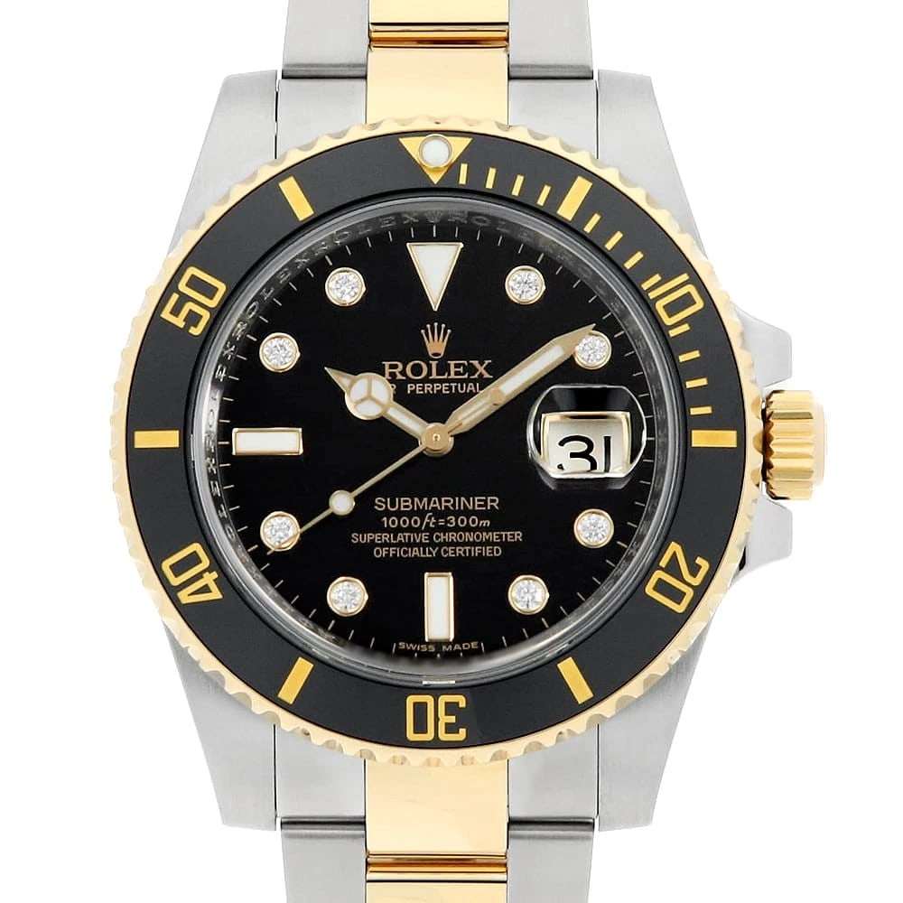 ROLEX SUBMARINER DATE DIAMOND BLACK WATCH: ROLEx SUBMARINER Date Diamond black Watch Brand: ROLEx Type/Style: Wrist watch Material: Band Material Stainless Steel/Yellow Gold, Case Material Stainless Steel/Yellow Gold Color: Dial Color Black