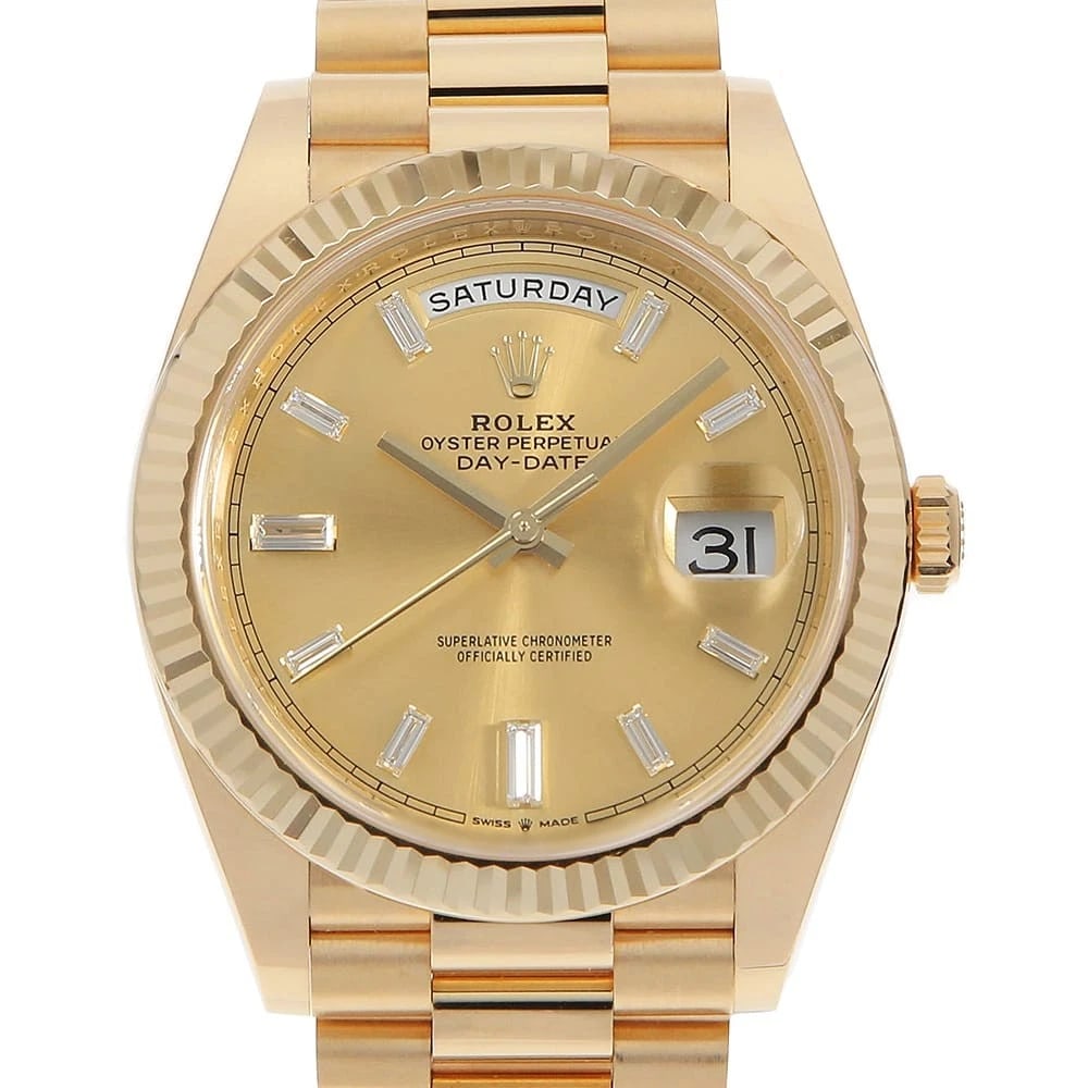 ROLEX DATE BAGUETTE DIAMOND CHAMPAGNE WATCH: ROLEx Date Baguette Diamond Champagne Watch Brand: ROLEx Type/Style: Wrist watch Material: Band Material Yellow Gold, Case Material Yellow Gold Color: Dial Color Champagne Gold Size: Case:WCircumferen