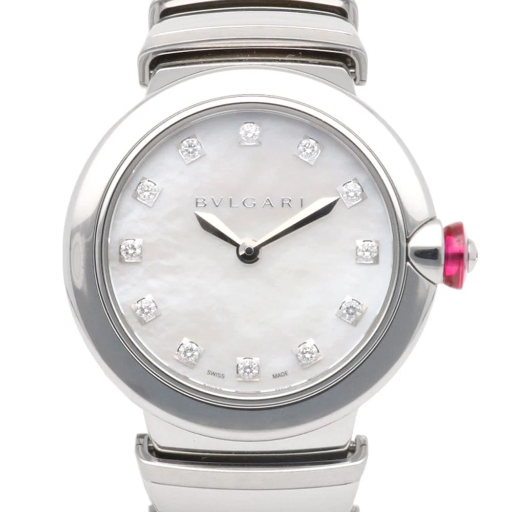 BVLGARI LE CHAIR WATCHES STAINLESS STEEL DIAMOND SHELL DIAL WATCH: BVLGARI Le chair Watches Stainless Steel diamond shell dial Watch Brand: BVLGARI Type/Style: Wristwatch Material: Stainless Steel Color: Silver Size: Case Diameter:28.0mm Band Length:5.5inch / 14.0cm 