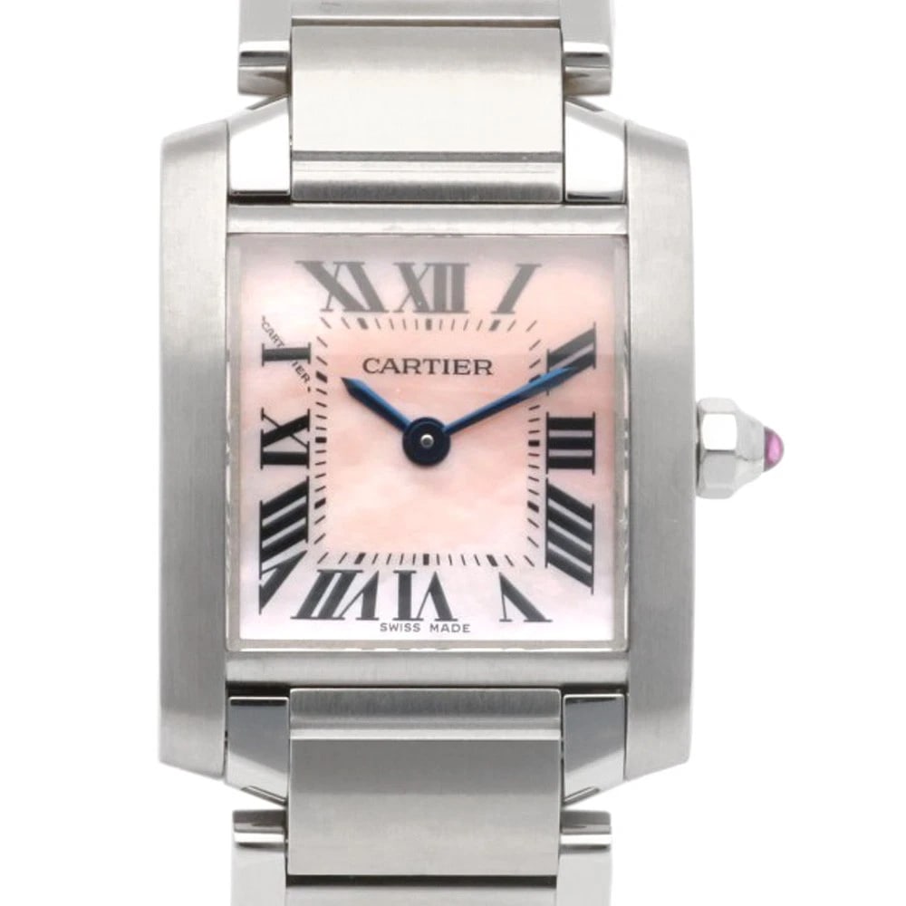 CARTIER TANK FRANCAISE SM WATCHES STAINLESS STEEL PINK SHELL WATCH: CARTIER Tank francaise SM Watches Stainless Steel Pink shell Watch Brand: CARTIER Type/Style: Wristwatch Material: Stainless Steel Color: Silver / pink Size: Case:W0.8inch x H1.0inch/ W20.0mm x H25.0m