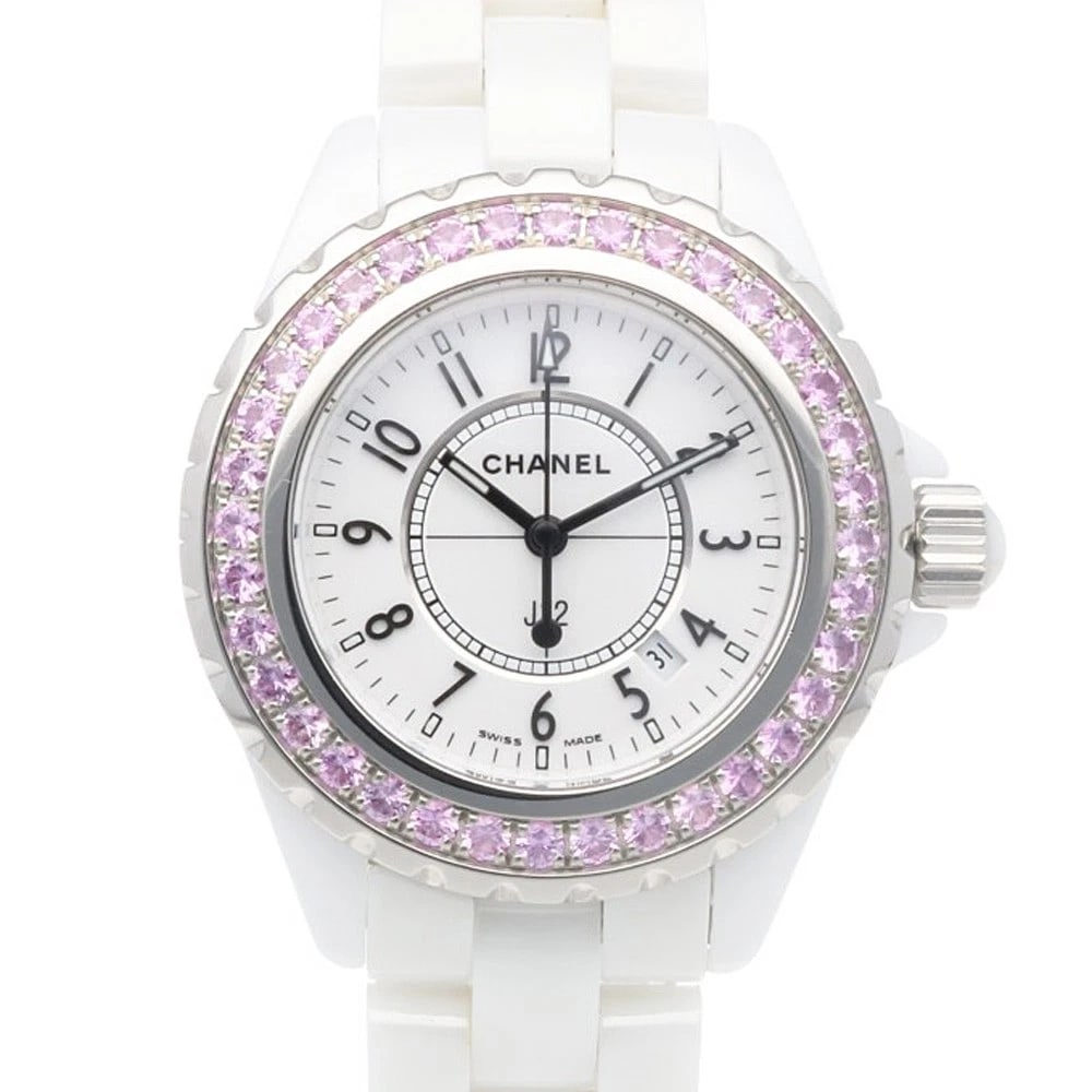 CHANEL J12 WATCHES WHITE CERAMIC STAINLESS STEEL PINK SAPPHIRE BEZEL WATCH (1 of 4)