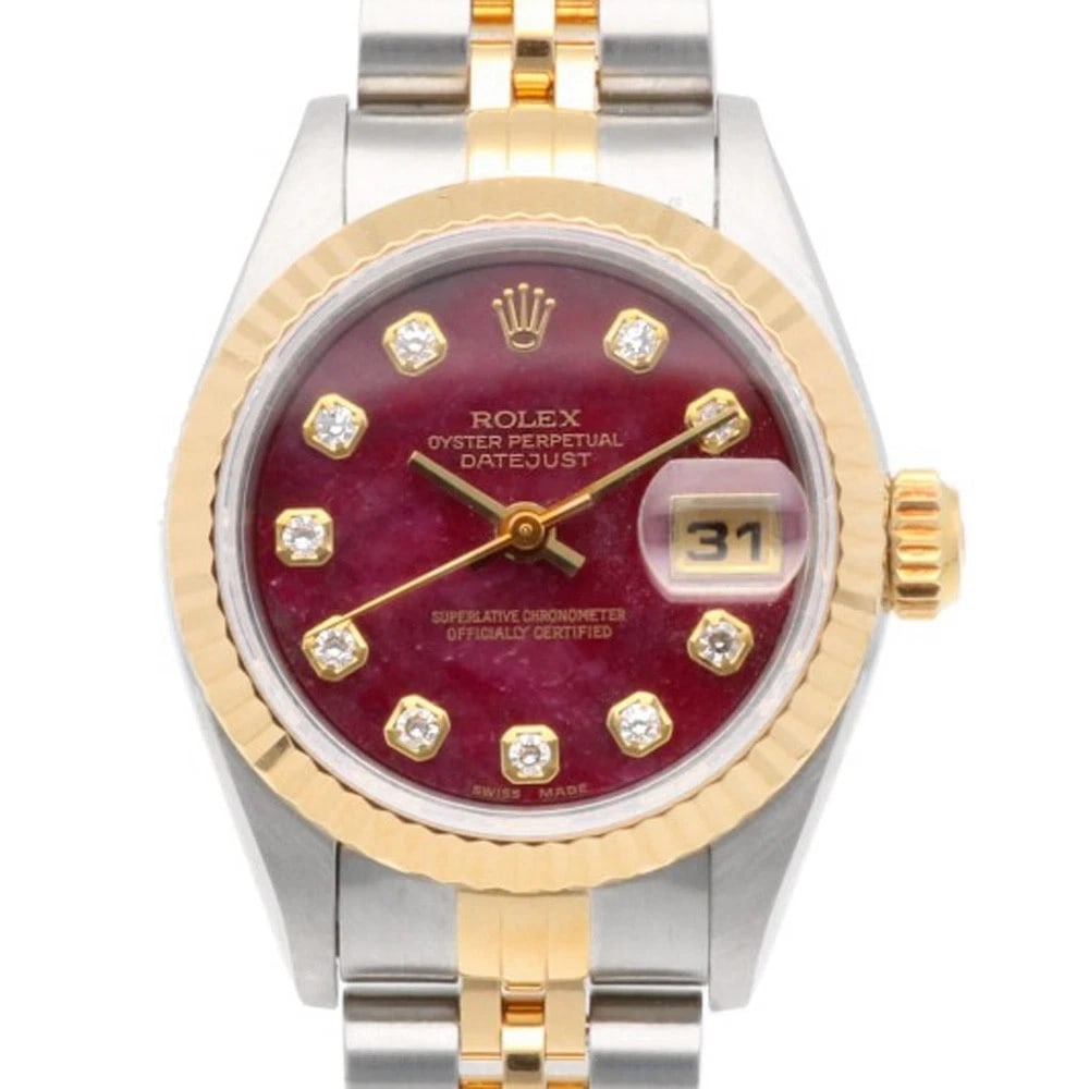 ROLEX DATEJUST WATCHES STAINLESS K18 RUBELLITE DIAMOND WATCH: ROLEx Datejust Watches Stainless K18 Rubellite diamond Watch Brand: ROLEx Type/Style: Wristwatch Material: Case : Stainless Steel x K18 yellow gold Band : Stainless Steel Color: Silver / gold x Purple