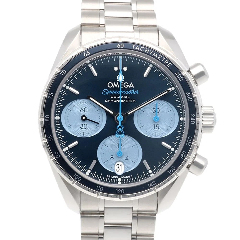 OMEGA SPEEDMASTER WATCHES STAINLESS STEEL CHRONOGRAPH WATCH: OMEGA Speedmaster Watches Stainless Steel Chronograph Watch Brand: OMEGA Type/Style: Wristwatch Material: Stainless Steel Color: Silver / blue x Light blue Size: Case Diameter:38.0mm Band Length:6.7in