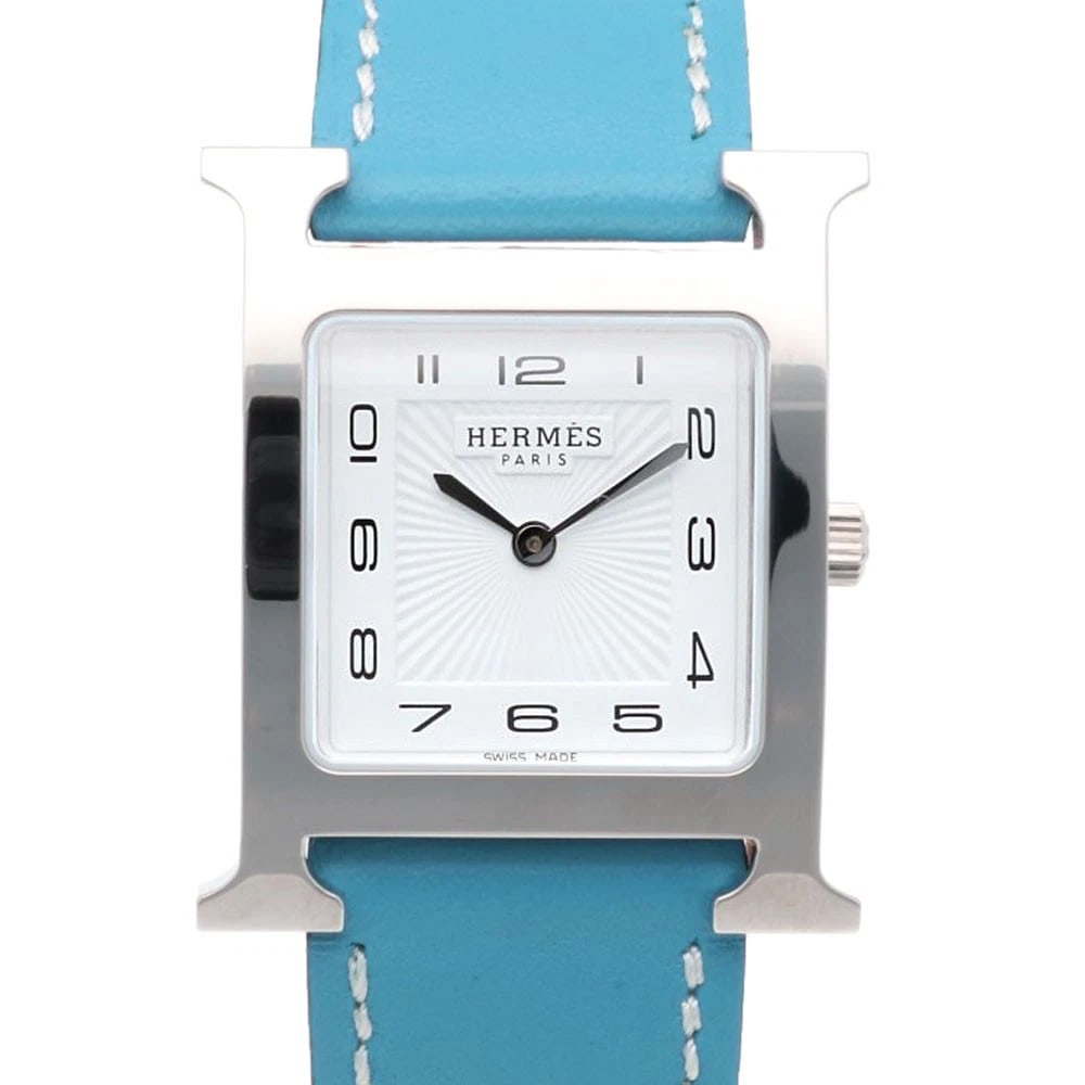 HERMES H WATCH ES STAINLESS STEEL WATCH: HERMES H Watches Stainless Steel Watch Brand: HERMES Type/Style: Wristwatch Material: Case : Stainless Steel Band : leather Color: Silver / Light blue x white Size: Case:W1.0inch x H1.4inch/ W25.5mm x