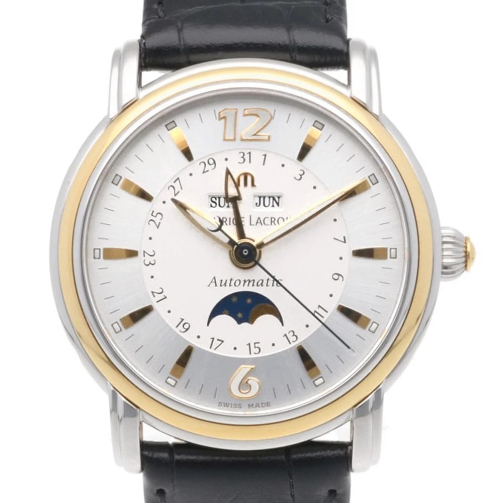 MAURICE LACROIX MASTERPIECE WATCHES STAINLESS K18 GOLD OVERHAULED WATCH: MAURICE LACROIx Masterpiece Watches Stainless K18 gold Overhauled Watch Brand: MAURICE LACROIx Type/Style: Wristwatch Material: Case : Stainless Steel x K18 yellow gold Band : leather Color: Silver / 