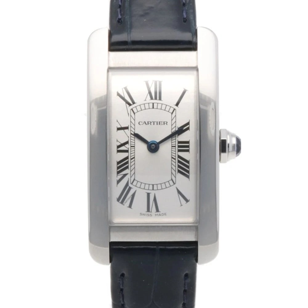 CARTIER TANK AMERICANSM WATCHES STAINLESS STEEL WATCH: CARTIER Tank AmericanSM Watches Stainless Steel Watch Brand: CARTIER Type/Style: Wristwatch Material: Case : Stainless Steel Band : Exotic leather Color: Silver / Navy Size: Case:W0.7inch x H1.4inch/ 