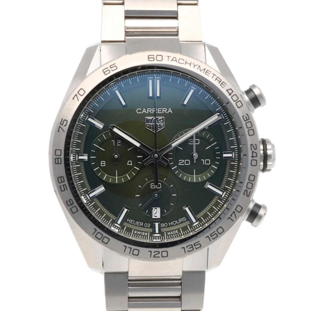 TAG HEUER CARRERA WATCHES STAINLES STEEL CHRONOGRAPH WATCH: TAG HEUER Carrera Watches Stainles Steel Chronograph Watch Brand: TAG HEUER Type/Style: Wristwatch Material: Stainless Steel Color: Silver / green Size: Case Diameter:44.0mm Band Length:7.9inch / 20.0