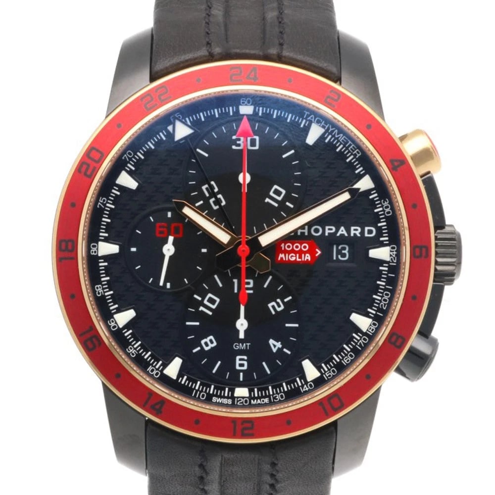 CHOPARD MILLERIA ZAGATO WATCHES STAINLESS STEEL WATCH: Chopard Milleria Zagato Watches Stainless Steel Watch Brand: Chopard Type/Style: Wristwatch Material: Case : Stainless Steel x Pink gold Band : leather Color: black / gold x Red Size: Case Diameter:42