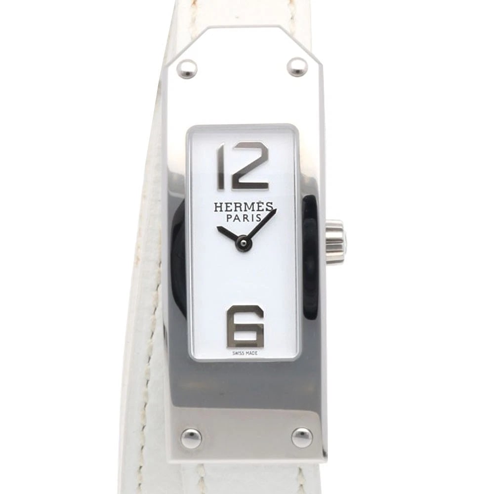HERMES KELLY WATCHES STAINLESS STEEL WATCH: HERMES Kelly Watches Stainless Steel Watch Brand: HERMES Type/Style: Wristwatch Material: Case : Stainless Steel Band : leather Color: Silver / white Size: Case:W0.6inch x H1.6inch/ W15.0mm x H41.0mm 