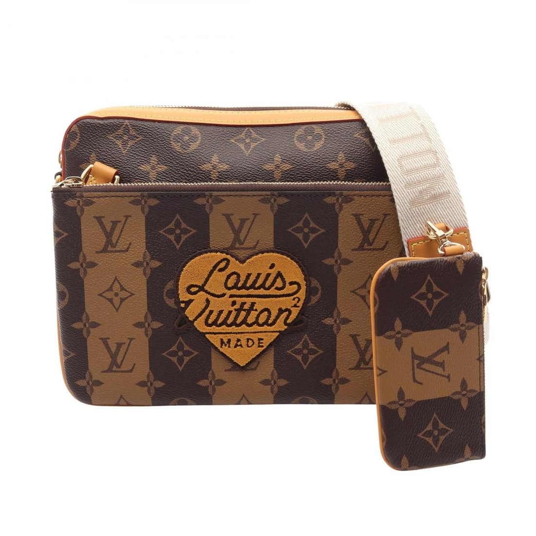 LOUIS VUITTON NIGO TRIO MESSENGER MONOGRAM STRIPE CANVAS: Louis Vuitton Nigo Trio Messenger Monogram Stripe Canvas Brand: Louis Vuitton Type/Style: Messenger Bag Material: PVC Coated Canvas, Leather Color: Brown Size: W approx. 25cm x H approx. 18cm x D appr