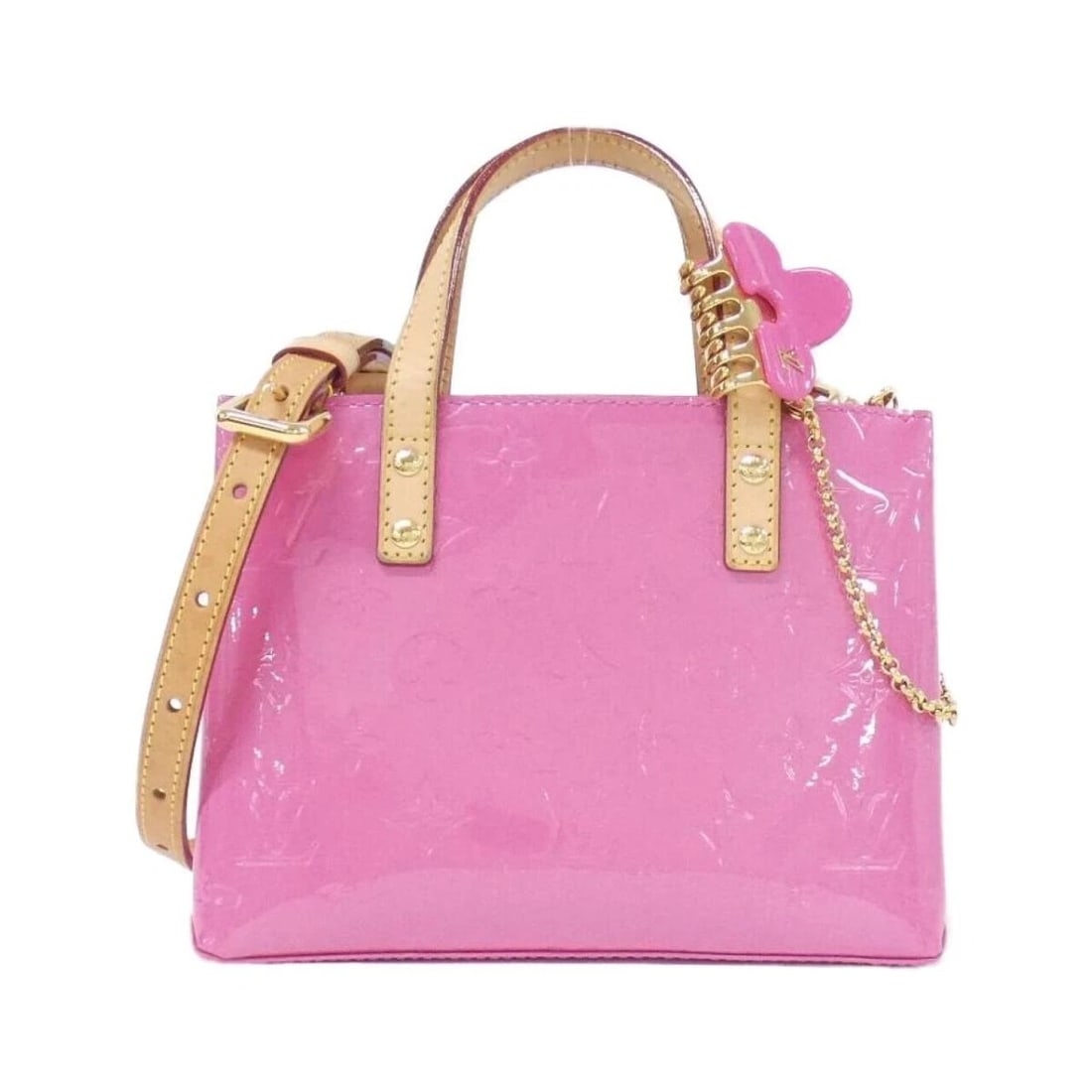LOUIS VUITTON REMIX MONOGRAM VERNIS READE LEATHER TOTE BAG: Louis Vuitton Remix Monogram Vernis Reade Leather Tote Bag Brand: Louis Vuitton Type/Style: Top Handle Bag Material: Vernis Patent Leather Color: Neon Pink / Gold Hardware Size: Approximately 22cm (W)