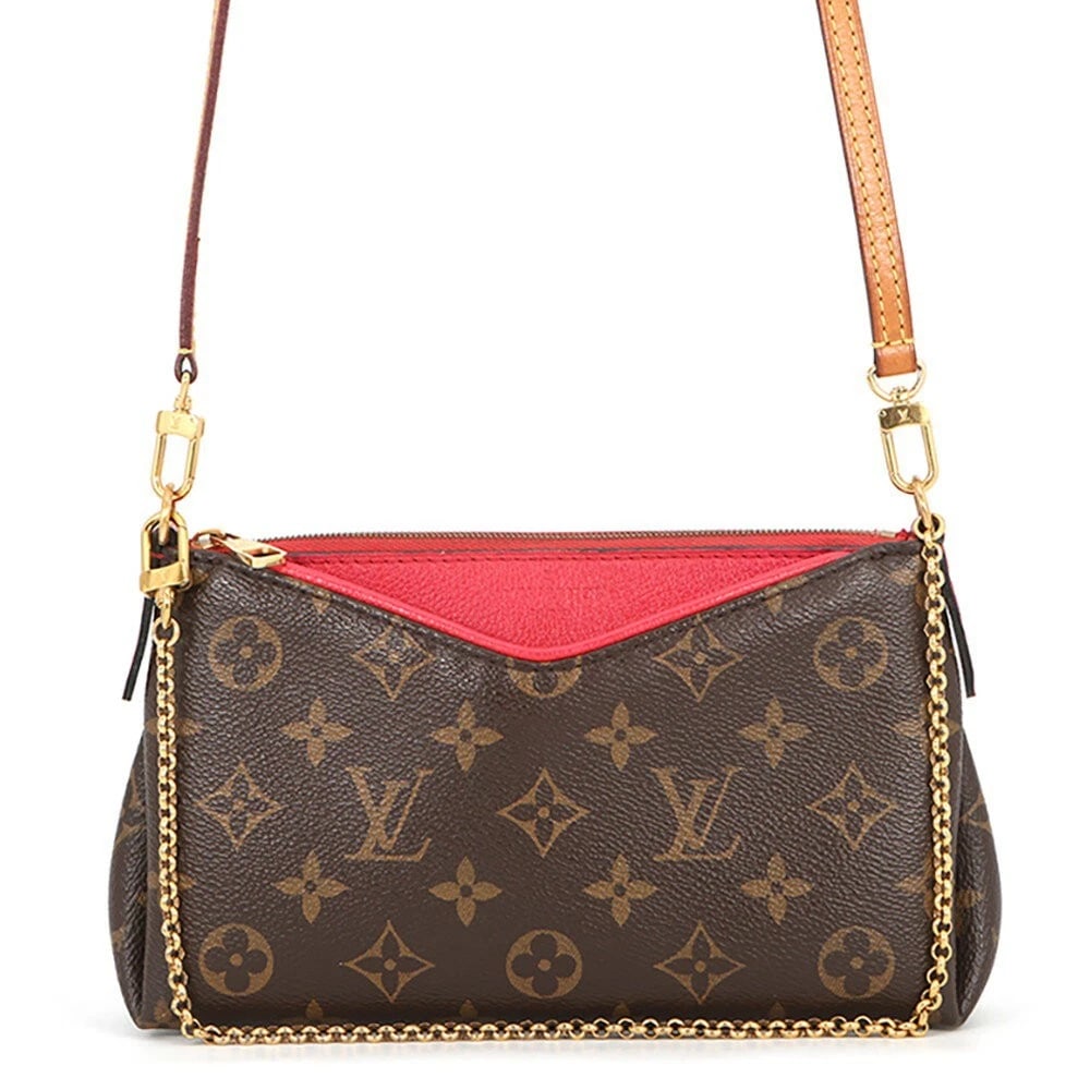 LOUIS VUITTON CLUTCH MONOGRAM LEATHER 2WAY SHOULDER BAG: LOUIS VUITTON Clutch Monogram Leather 2WAY Shoulder Bag Brand: Louis Vuitton Type/Style: Shoulder Bag Material: Monogram Canvas Color: Cerise (Red) Size: W 22cm x H 13cm x D 4cm (approx. W 8.7inch x H