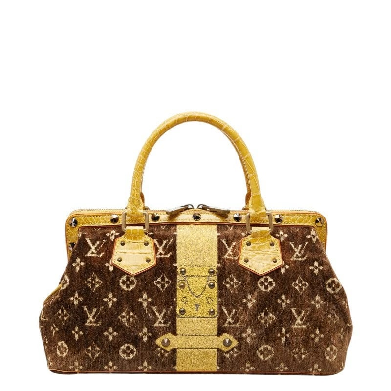 LOUIS VUITTON MONOGRAM TROMPE LOEIL VELVET LEATHER TOP HANDLE BAG: Louis Vuitton Monogram Trompe Loeil Velvet Leather Top Handle Bag Brand: Louis Vuitton Type/Style: Top Handle Bag Material: Velvet, Alligator Color: Brown, Yellow Size: W approx. 35.5cm x H 18cm x D 1