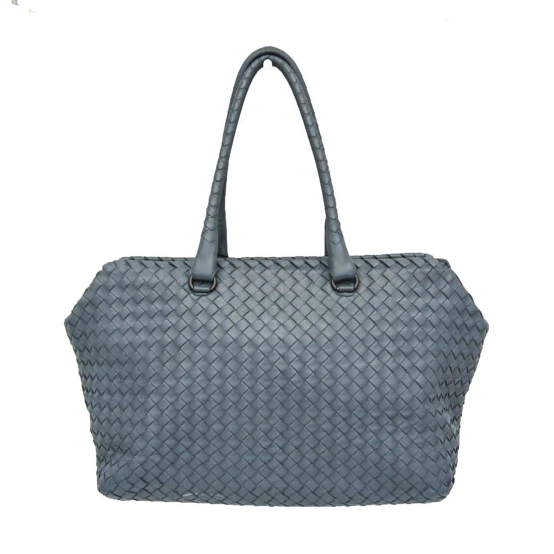 BOTTEGA VENETA INTRECCIATO LEATHER BOSTON BAG HANDBAG: Bottega Veneta Intrecciato Leather Boston Bag Handbag Brand: Bottega Veneta Type/Style: Satchel/Top Handle Bag Material: Leather (Intrecciato weave) Color: Light Blue Gray Size: (approximate): Width: 