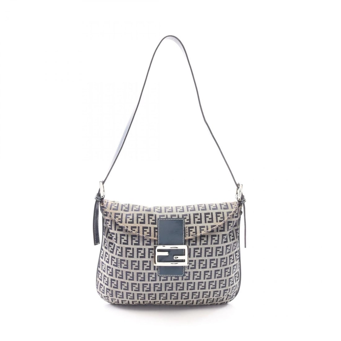 FENDI ZUCCHINO MAMMA LEATHER SHOULDER FLAP BAG: Fendi Zucchino Mamma Leather Shoulder Flap Bag Brand: Fendi Type/Style: Shoulder Bag Material: Canvas, Leather Color: Gray / Navy Size: W approx. 27cm x H approx. 22cm x D approx. 2cm Accessories: