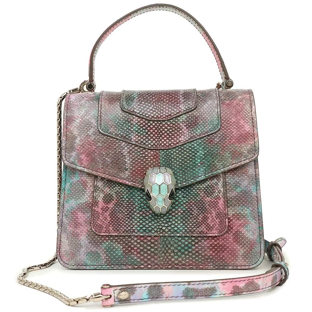 BVLGARI SERPENTI FOREVER 2-WAY SHOULDER HANDBAG: BVLGARI Serpenti Forever 2-Way Shoulder Handbag Brand: Bvlgari Type/Style: Shoulder Handbag Material: Karung Leather Color: Multicolor (Pink Base) / Gold Hardware Size: Width: Approx. 7.1inch Height: