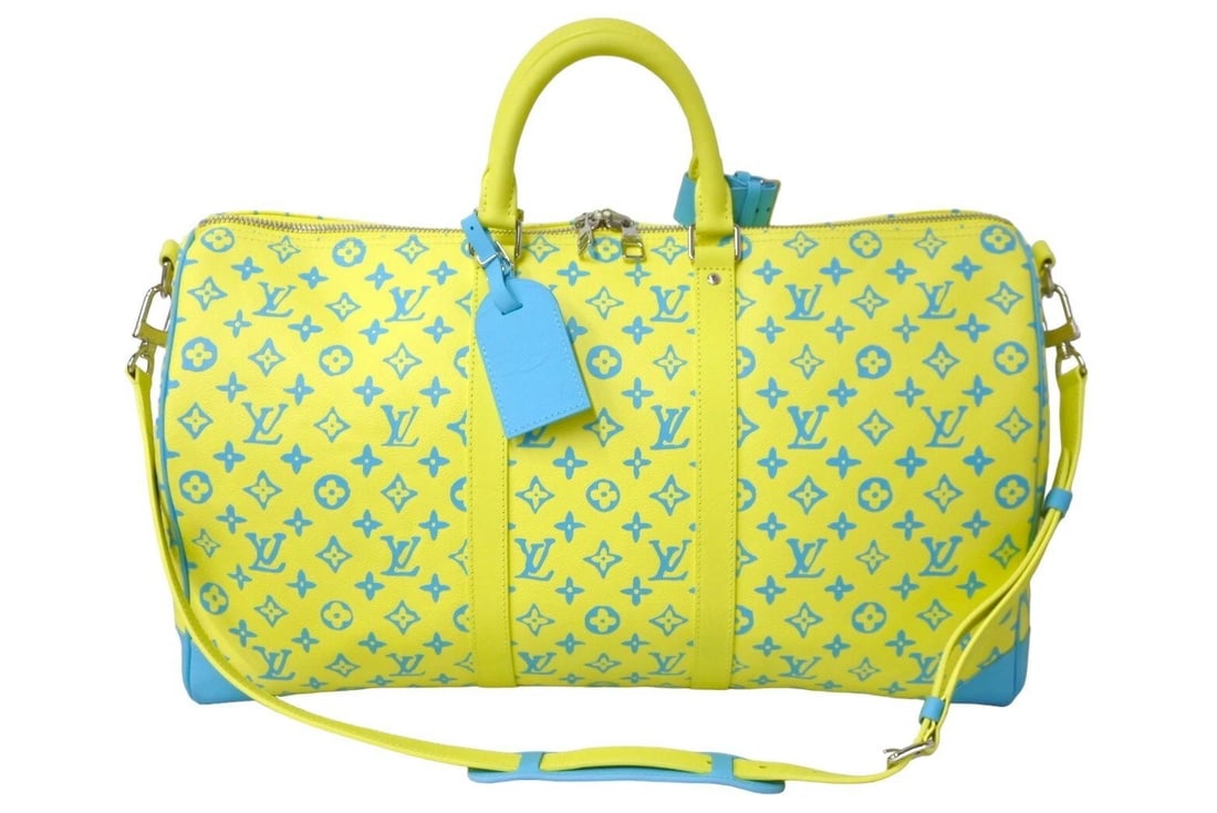 LOUIS VUITTON MONOGRAM PLAYGROUND KEEPALL BANDOULIERE 50 YELLOW DUFFEL BAG: LOUIS VUITTON Monogram Playground Keepall Bandouliere 50 Yellow Duffel Bag Brand: Louis Vuitton Type/Style: Boston Bag Material: None Color: Yellow / Blue Size: W approx. 19.69 inches ? H approx. 11.4
