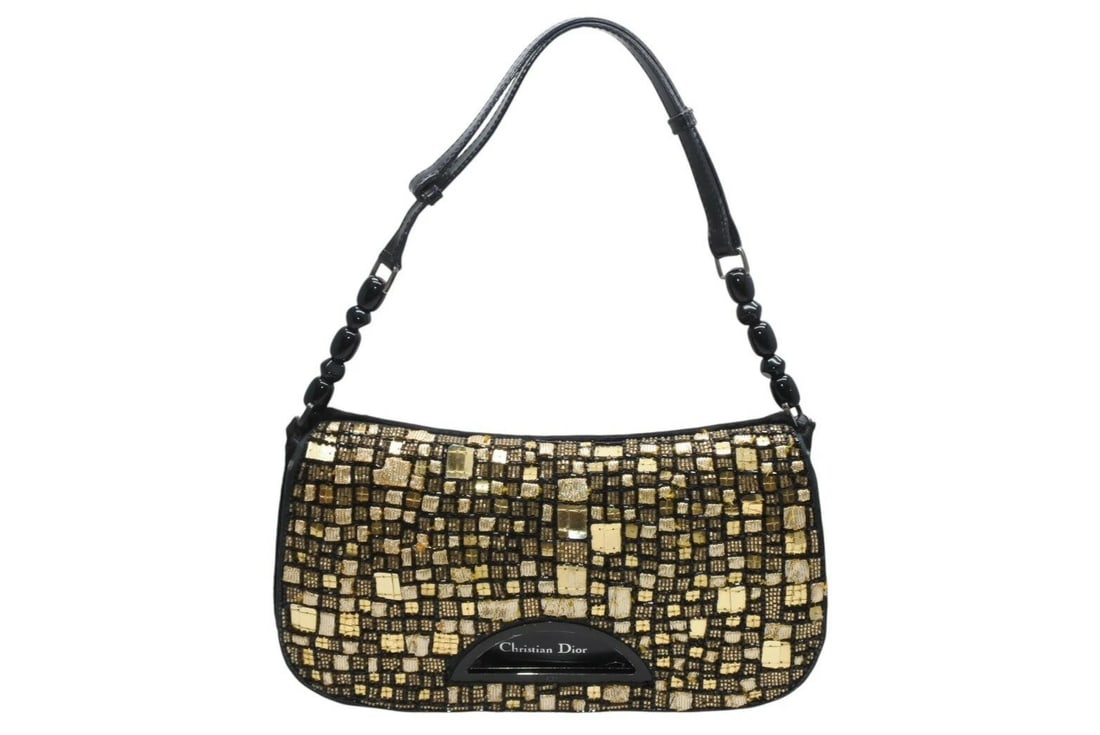CHRISTIAN DIOR MALICE PEARL GOLD BEADED SHOULDER BAG: Christian Dior Malice Pearl Gold Beaded Shoulder Bag Brand: Dior Type/Style: Shoulder Bag Material: Harako (Haircalf) Color: Yellow Black Size: Approximately W 25cm x H 14cm x D 5cm (W 9.8inch x H 5.5