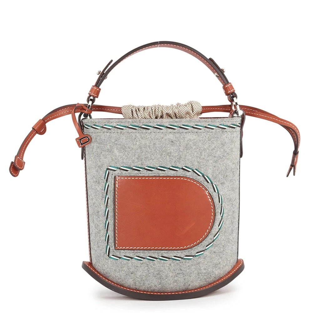 DELVAUX PIN MINI BUCKET BAG FELT LEATHER SHOULDER HANDBAG: DELVAUx Pin Mini Bucket Bag Felt Leather Shoulder Handbag Brand: Delvaux Type/Style: Top Handle Bag Material: Felt / Leather Color: Brown / Gray Size: W21cm x H21cm x D10.5cm Accessories: None