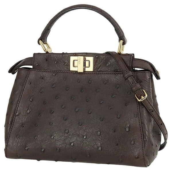 FENDI PEEKABOO MINI OSTRICH LEATHER DARK BROWN GOLD HARDWARE 2WAY BAG: Fendi Peekaboo Mini Ostrich Leather Dark Brown Gold Hardware 2WAY Bag Brand: Fendi Type/Style: Satchel/Top Handle Bag Material: Ostrich Leather Color: Dark Brown Size: Approximately 22cm (W) x 18cm (H