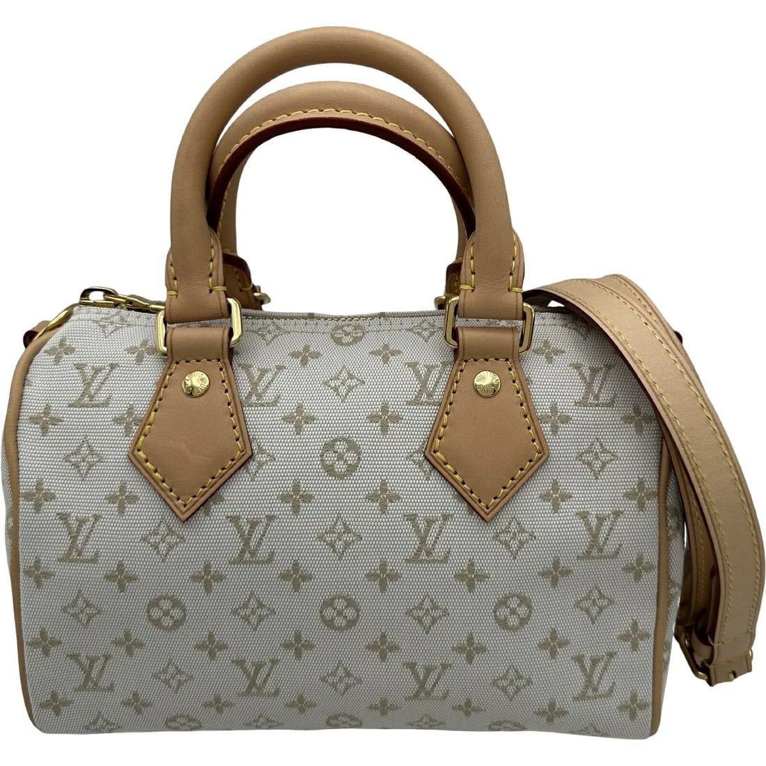 LOUIS VUITTON SPEEDY BANDOULIERE 20 MONOGRAM MINI MASTIC BOSTON BAG: Louis Vuitton Speedy Bandouliere 20 Monogram Mini Mastic Boston Bag Brand: LOUIS VUITTON Type/Style: Boston Bag Material: Monogram Mini Lin Canvas / Leather Color: Mastic (Grey/Off-White) Size: (Appro