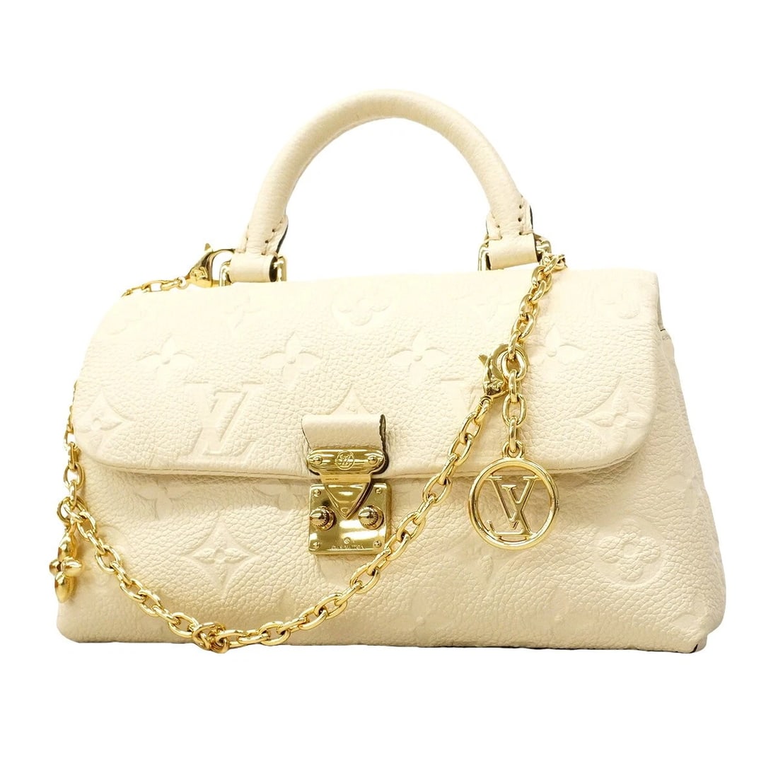 LOUIS VUITTON MONOGRAM EMPREINTE NANO MADELEINE CREME LEATHER BAG: Louis Vuitton Monogram Empreinte Nano Madeleine Creme Leather Bag Brand: Louis Vuitton Type/Style: Satchel/Top Handle Bag Material: Monogram Empreinte Leather Color: Creme Size: (H x W x D): Approx.
