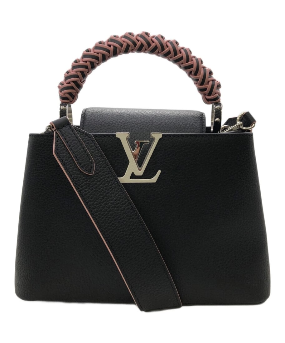 LOUIS VUITTON CAPUCINES BB LEATHER HANDBAG: LOUIS VUITTON Capucines BB Leather Handbag Brand: Louis Vuitton Type/Style: Top Handle Bag Material: Leather Color: Pink ? Black Size: Height: approx. 7.1 in (18 cm) Width: approx. 10.6 in (27 cm)
