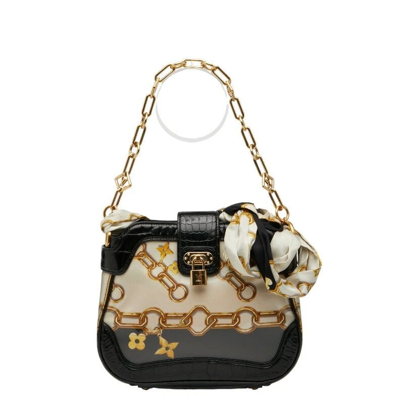 LOUIS VUITTON MONOGRAM CHARM CHAIN SHOULDER BAG: Louis Vuitton Monogram Charm Chain Shoulder Bag Brand: Louis Vuitton Type/Style: Shoulder Bag Material: Leather, Vinyl Color: Black, Beige, Gold Size: W 26cm x H 21.5cm x D 8.5cm Accessories: None
