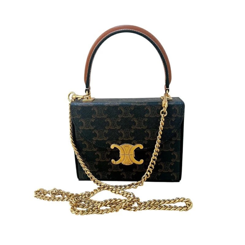 CELINE TRIOMPHE BOX CHAIN SHOULDER BAG: Celine Triomphe Box Chain Shoulder Bag Brand: CELINE Type/Style: Top Handle Bag Material: Triomphe Canvas Color: Tan Size: Width: approx. 6.3 inches (16 cm) Height: approx. 4.9 inches (12.5 cm) Depth: