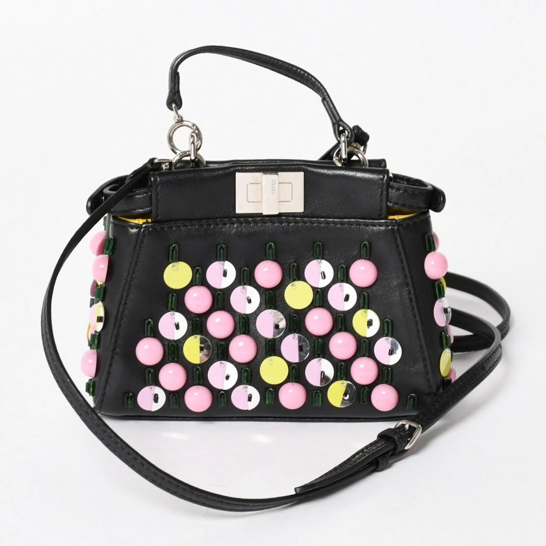 FENDI MICRO PEEKABOO STUDDED LEATHER 2WAY CROSSBODY: Fendi Micro Peekaboo Studded Leather 2WAY Crossbody Brand: Fendi Type/Style: Satchel/Top Handle Bag Material: Leather Color: Black, Pink, Yellow Size: Approximately W 15cm x H 11.5cm x D 6cm (W 5.9inc
