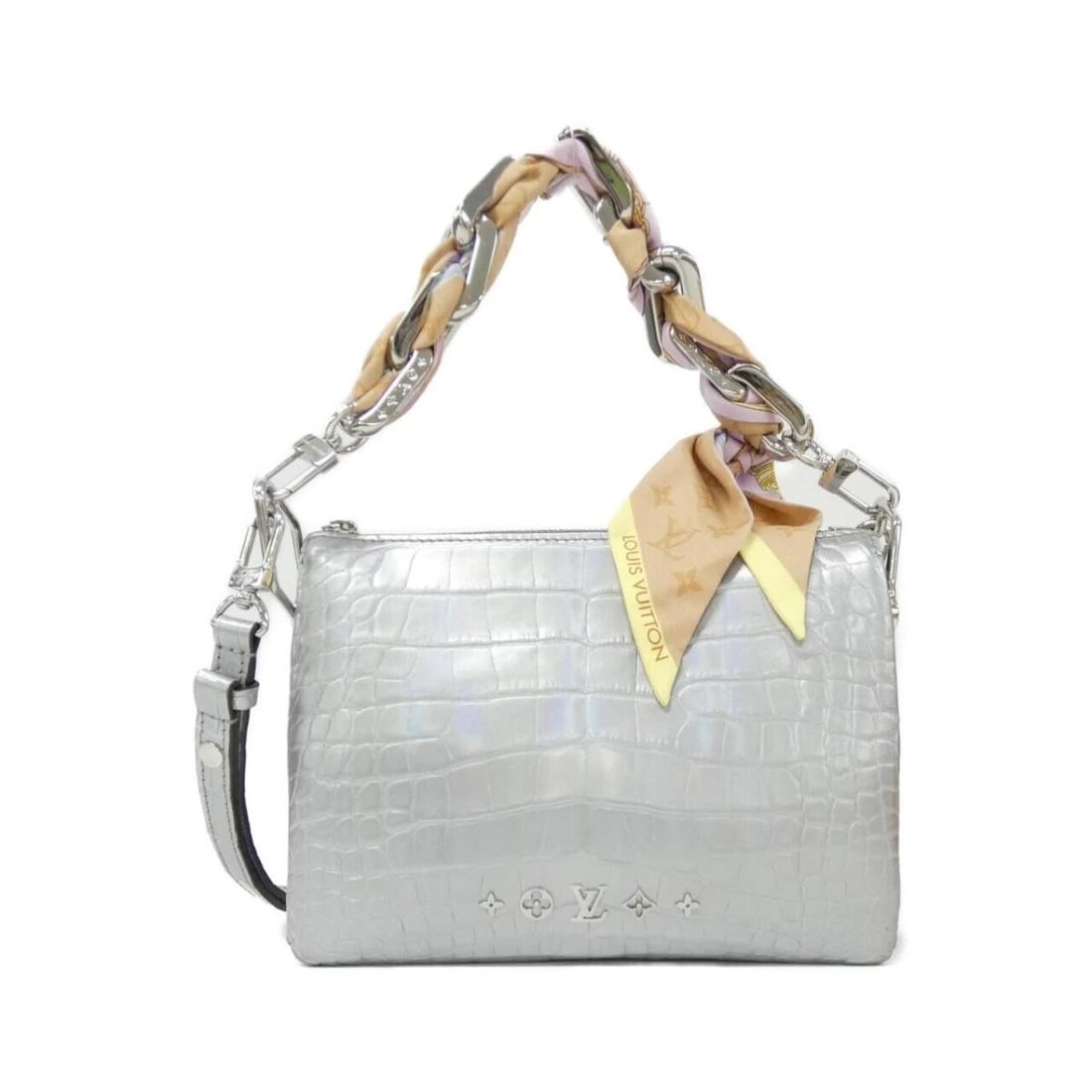 LOUIS VUITTON COUSSIN BB LUXURY EXOTIC LEATHER CROSSBODY SHOULDER BAG: Louis Vuitton Coussin BB Luxury Exotic Leather Crossbody Shoulder Bag Brand: Louis Vuitton Type/Style: Shoulder Bag Material: Silver Color: Leather Size: Width: Approx. 8.3 in (21 cm) Height: Approx. 