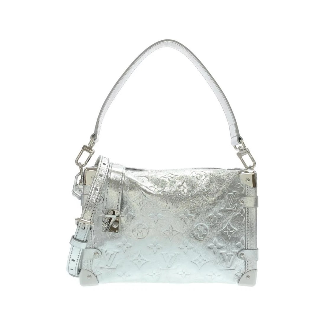 LOUIS VUITTON MONOGRAM MIROIR LV SKI SIDE TRUNK MM 2WAY SHOULDER BAG: Louis Vuitton Monogram Miroir LV SKI Side Trunk MM 2WAY Shoulder Bag Brand: Louis Vuitton Type/Style: Shoulder Bag Material: Calfskin Color: Silver Size: Approximately 24cm (W) x 15cm (H) x 8cm (D)