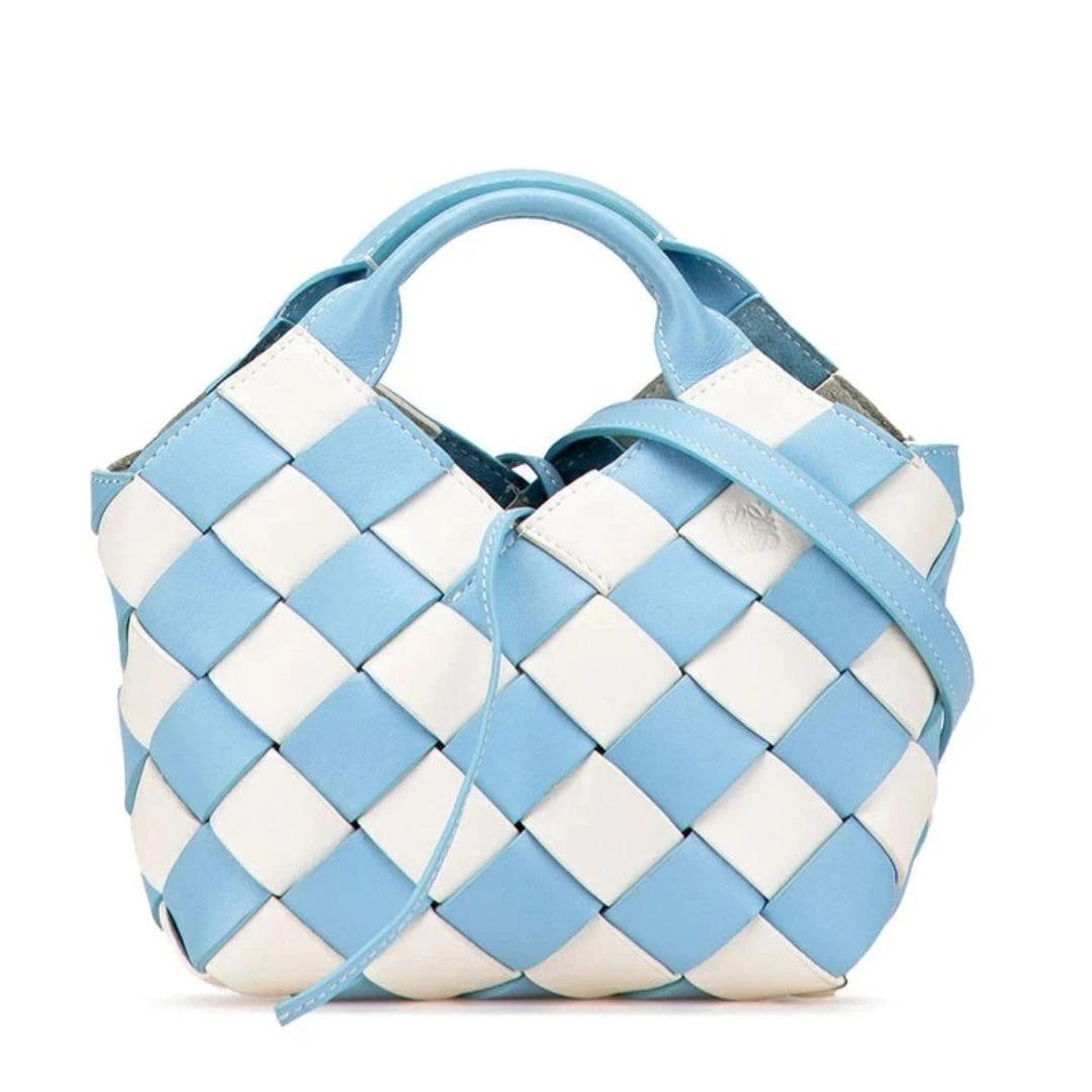 LOEWE ANAGRAM WOVEN BASKET BAG: Loewe Anagram Woven Basket Bag Brand: LOEWE Type/Style: Shoulder Bag Material: None Color: Light Blue Size: Width: 20?26 cm (7.87?10.24 inches) Height: 20 cm (7.87 inches) Depth: 9 cm (3.54 inches)