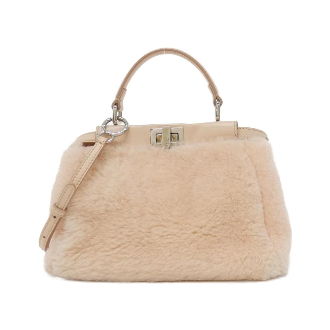 FENDI PEEKABOO MINI 5AY LEATHER 2WAY CROSSBODY: FENDI Peekaboo Mini 5AY Leather 2WAY Crossbody Brand: Fendi Type/Style: Top Handle Bag Material: Shearling / Lamb Leather Color: Light Pink / Silver-tone Hardware Size: Width: 8.7 in (22 cm) Height: 6