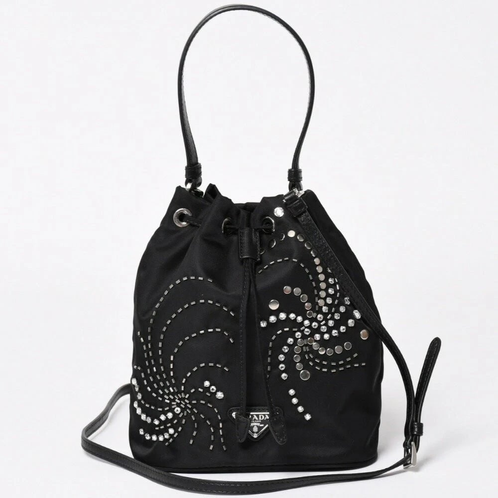 PRADA BLACK NYLON RHINESTONE CRYSTAL TRIANGLE: PRADA Black Nylon Rhinestone Crystal Triangle Brand: PRADA Type/Style: Top Handle Bag Material: Nylon Color: Black / Silver Size: Width: 6.30 in (16 cm) Height: 7.87 in (20 cm) Depth: 3.94 in (10 cm) 