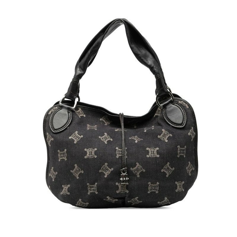 CELINE TRIOMPHE INDIGO DENIM BLACK LEATHER HANDBAG TOTE BAG: Celine Triomphe Indigo Denim Black Leather Handbag Tote Bag Brand: Celine Type/Style: Leather Material: Denim, Leather Color: None Size: Width: 38 cm (14.96 inches) Height: 27 cm (10.63 inches) Depth: