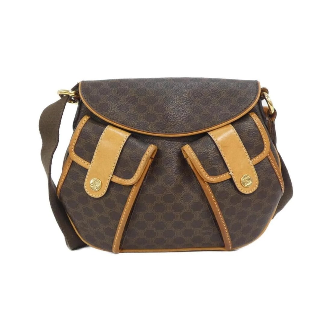 CELINE MACADAM CANVAS LEATHER CROSSBODY SHOULDER BAG: Celine Macadam Canvas Leather Crossbody Shoulder Bag Brand: CELINE Type/Style: Shoulder Bag Material: Coated Canvas Color: Brown / Gold Hardware Size: Approximately 24cm (W) x 21cm (H) x 3cm (D) A