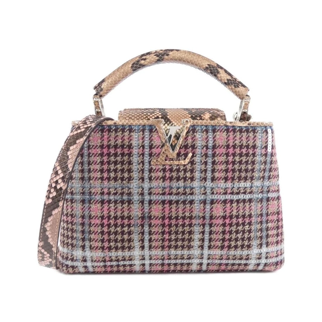 LOUIS VUITTON CAPUCINES BB EXOTIC GENUINE LEATHER 2WAY SHOULDER BAG: Louis Vuitton Capucines BB Exotic Genuine Leather 2WAY Shoulder Bag Brand: Louis Vuitton Type/Style: Top Handle Bag Material: Tweed / Sequin / Python Color: Pink / Silver Size: 27cm (W) x 18cm (H) x