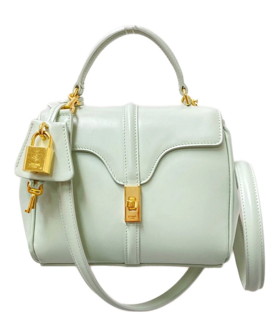 CELINE 16 MINI SEIZE LEATHER TOP HANDLE SHOULDER BAG: Celine 16 Mini Seize Leather Top Handle Shoulder Bag Brand: CELINE Type/Style: Shoulder Bag Material: Calfskin Leather Color: Pastel Green Size: Height: Approx. 5.9 in Width: Approx. 7.1 in