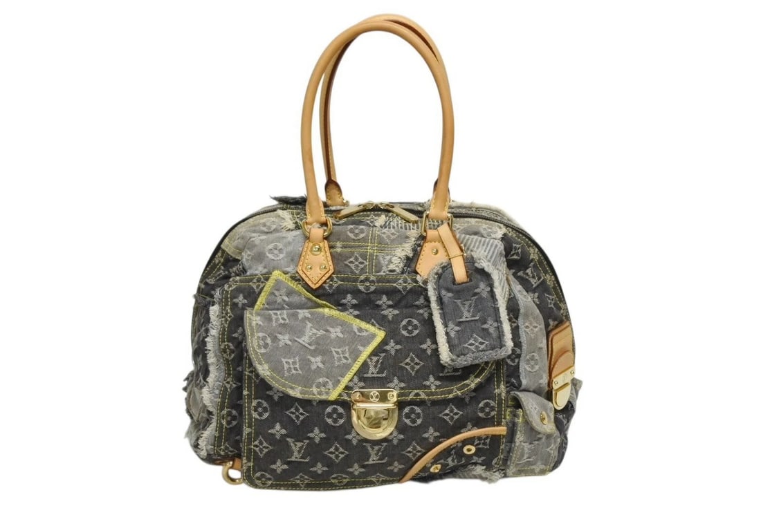 LOUIS VUITTON BOWLY MONOGRAM DENIM BLACK GRAY LEATHER SATCHEL BAG: Louis Vuitton Bowly Monogram Denim Black Gray Leather Satchel Bag Brand: Louis Vuitton Type/Style: Satchel/Top Handle Bag Material: Monogram Denim, Leather Color: Gray, Black, Beige Size: Approximatel