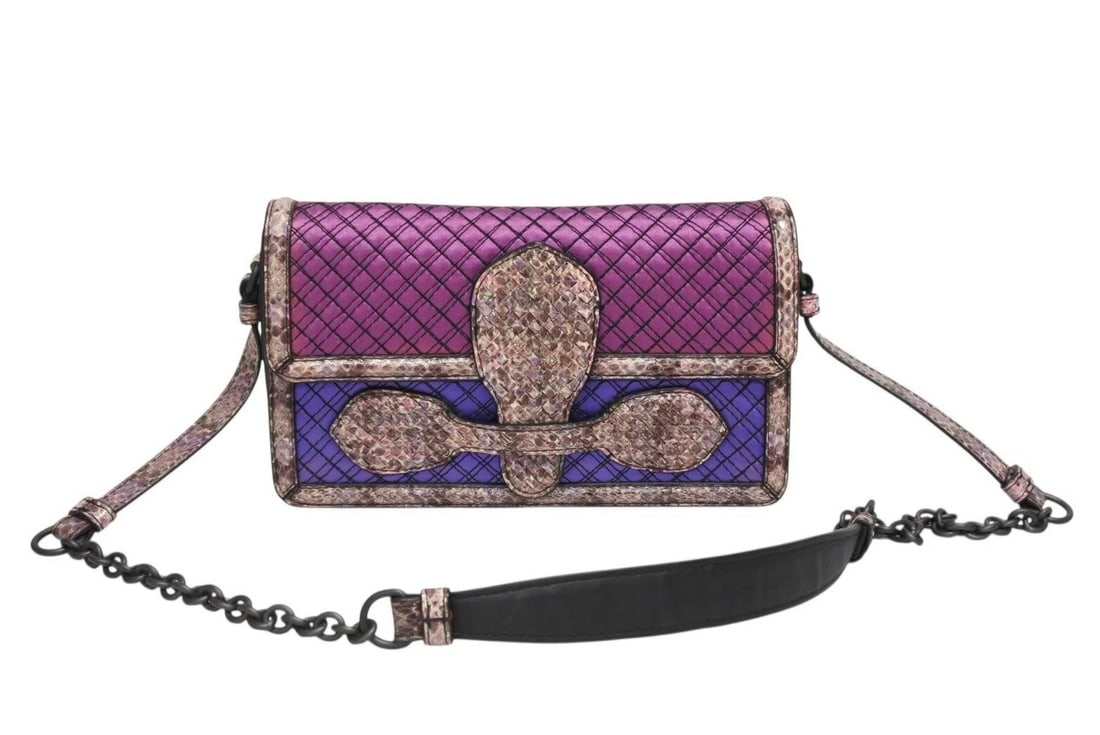 BOTTEGA VENETA PURPLE PINK MULTICOLOR LEATHER CROSSBODY: Bottega Veneta Purple Pink Multicolor Leather Crossbody Brand: Bottega Veneta Type/Style: Shoulder Bag Material: Python Leather Color: Multicolor (Purple, Pink) Size: Approximately W 24cm x H 14cm x D