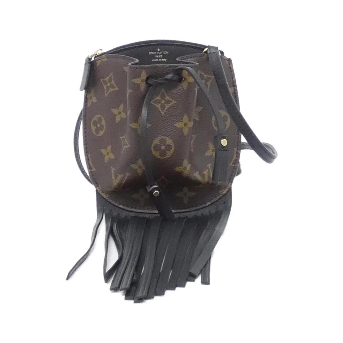 LOUIS VUITTON FRINGED NOE MINI MONOGRAM CANVAS BUCKET SHOULDER BAG: Louis Vuitton Fringed Noe Mini Monogram Canvas Bucket Shoulder Bag Brand: Louis Vuitton Type/Style: Shoulder Bag Material: Coated Canvas Color: Marron / Gold Hardware Size: Width: 5.5 inches Height: 6