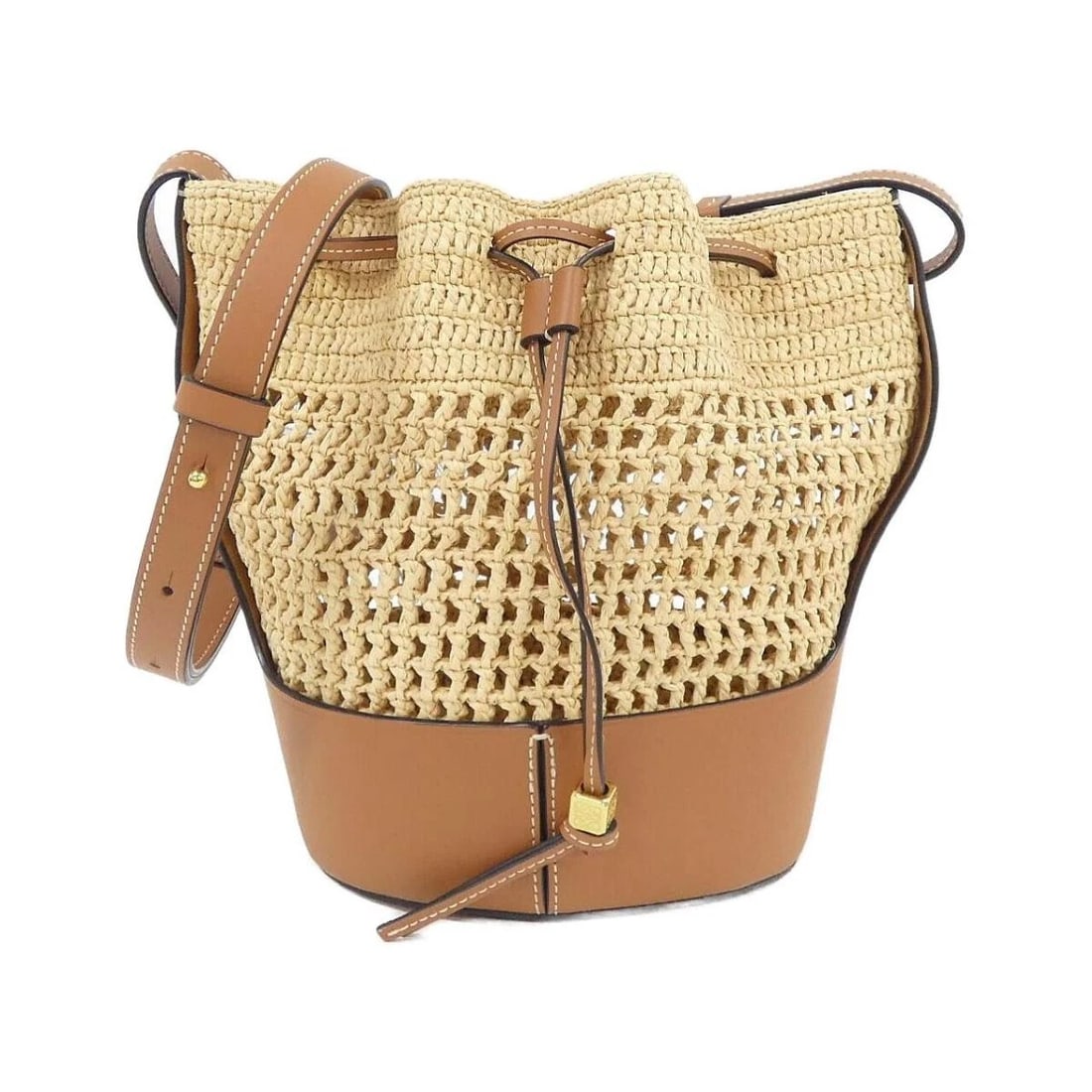LOEWE BALLOON LEATHER DRAWSTRING SHOULDER CROSSBODY BAG: LOEWE Balloon Leather Drawstring Shoulder Crossbody Bag Brand: Loewe Type/Style: Shoulder Bag Material: Raffia / Calfskin Leather Color: Natural/Tan with Gold Hardware Size: Approximately 7inch W x 9.