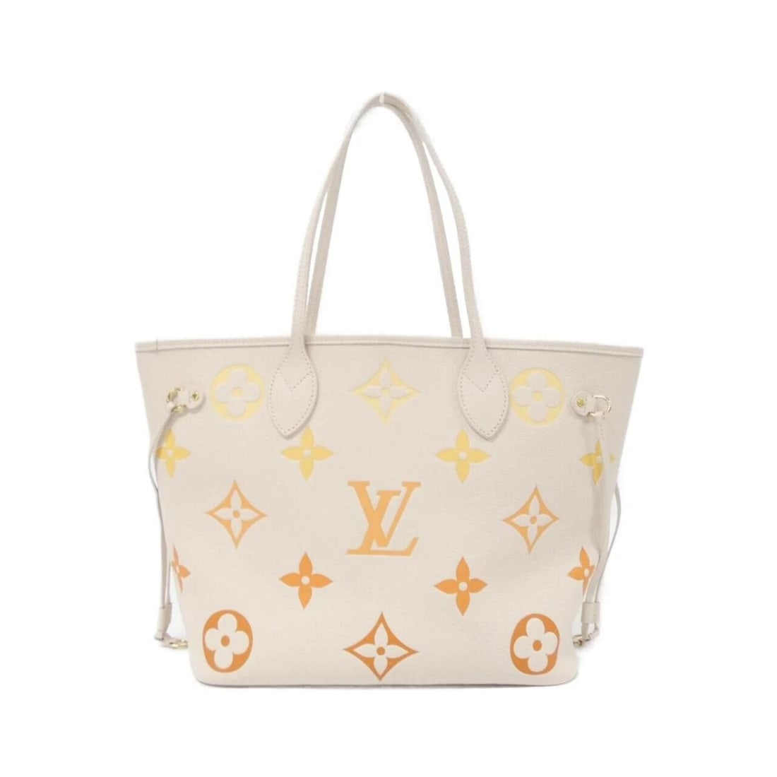 LOUIS VUITTON LV GRADIENT MONOGRAM EMPREINTE NEVERFULL MM TOTE BAG: Louis Vuitton LV Gradient Monogram Empreinte Neverfull MM Tote Bag Brand: Louis Vuitton Type/Style: Tote Material: Calfskin Color: Beige Size: Approximately 14inch W x 11inch H x 5.5inch D Accesso
