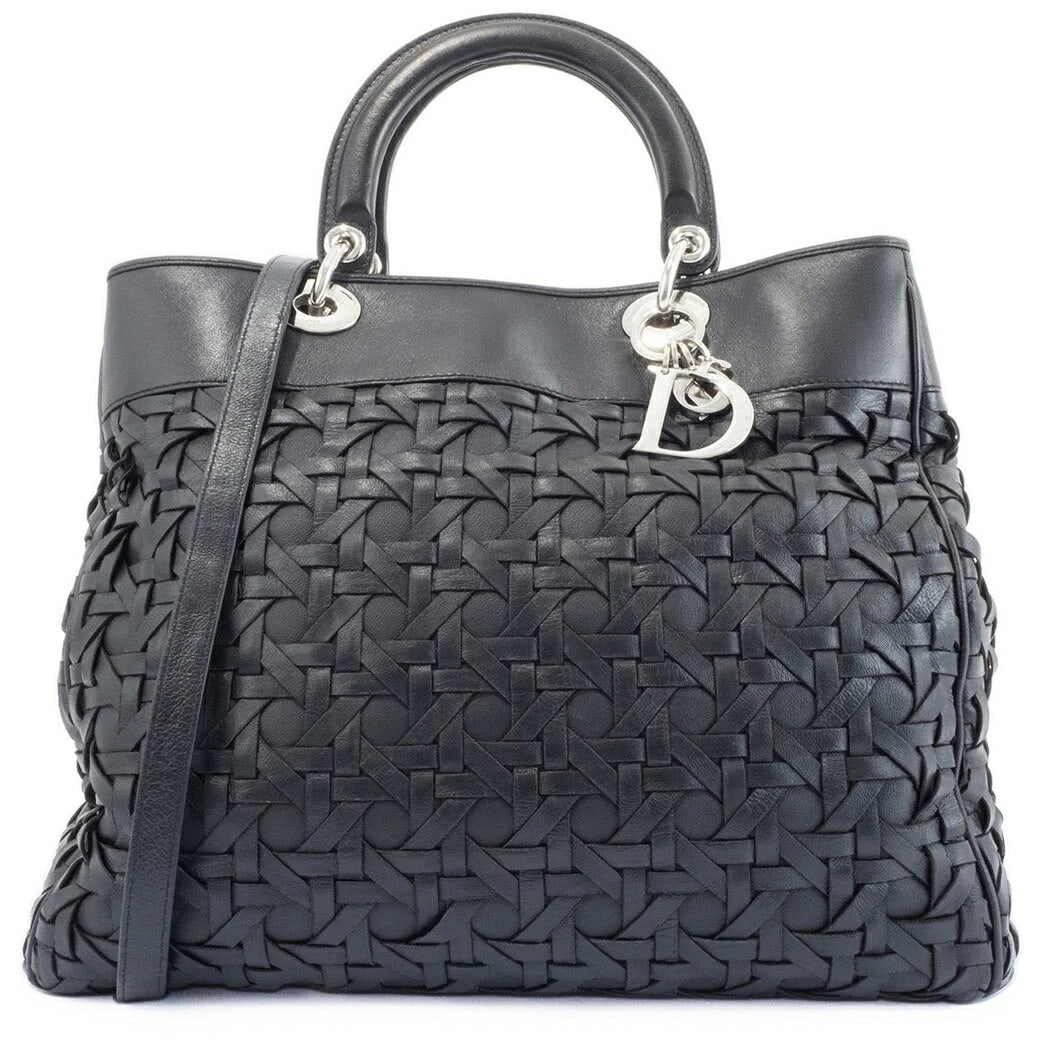 CHRISTIAN DIOR DIORISSIMO LARGE BLACK LEATHER A4 2WAY SHOULDER TOTE HANDBAG: Christian Dior Diorissimo Large Black Leather A4 2WAY Shoulder Tote Handbag Brand: Dior Type/Style: Tote Material: Leather Color: Black Size: Approximately W33cm x H31cm x D14cm Accessories: None