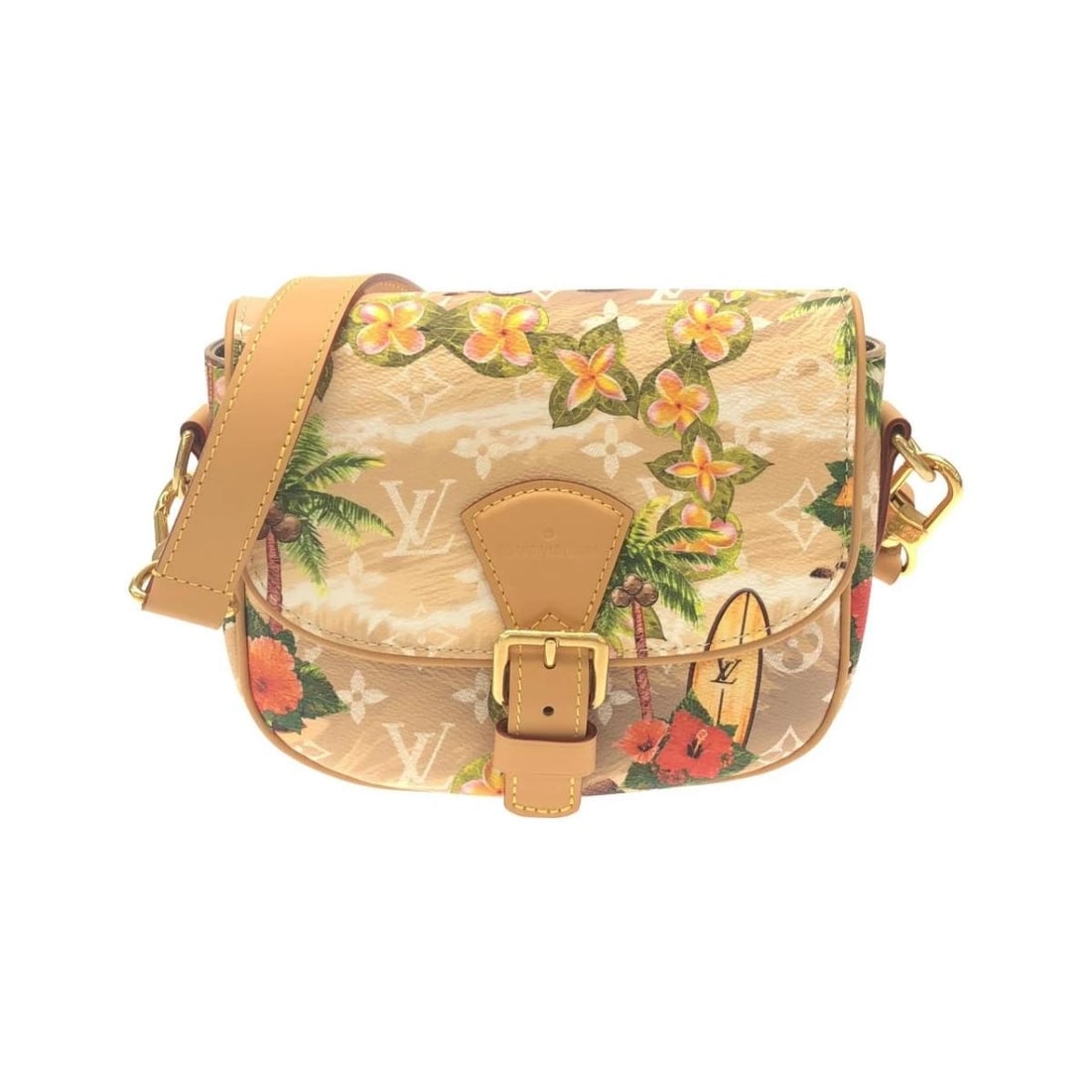 LOUIS VUITTON MONOGRAM SURFIN MONTSOURIS MESSENGER PM SHOULDER BAG: Louis Vuitton Monogram Surfin Montsouris Messenger PM Shoulder Bag Brand: Louis Vuitton Type/Style: Messenger Bag Material: Coated Canvas Color: Beige Sable / Gold Hardware Size: Approximately 21cm (W